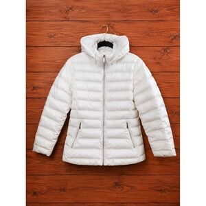 Womens Winter White Puffer Jacket Size L Removable Hood Zip Pockets